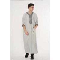 Thobez Men's Moroccan Thobe Half Sleeve Gandoura Embroidery Kaftan Eid Ramadan in Grey | Size: 54R