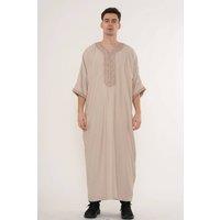 Thobez Men's Moroccan Thobe Half Sleeve Gandoura Embroidery Kaftan Eid Ramadan in Nude | Size: 60R