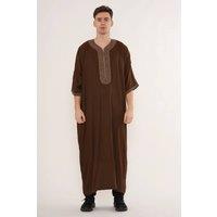 Thobez Men's Moroccan Thobe Half Sleeve Gandoura Embroidery Kaftan Eid Ramadan in Dark Brown | Size: 54R