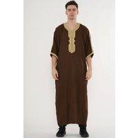 Thobez Men's Moroccan Thobe Half Sleeve Gandoura Embroidery Kaftan Eid Ramadan in Brown | Size: 52R