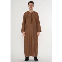Thobez Men's Zip Eid Thobe Emirati Omani Jubba Islamic Bobble Button Muslim Kaftan in Camel | Size: 54R