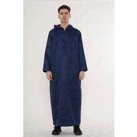 Thobez Men's Hooded Suede Thobe Emirati Omani Zipped Jubba Islamic Kaftan Eid Robe in Navy | Size: 60R