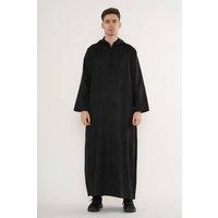 Thobez Men's Hooded Suede Thobe Emirati Omani Zipped Jubba Islamic Kaftan Eid Robe in Black | Size: 54R