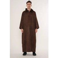 Thobez Men's Hooded Suede Thobe Emirati Omani Zipped Jubba Islamic Kaftan Eid Robe in Brown | Size: 54R