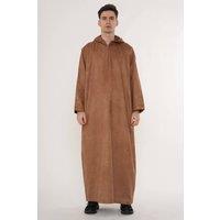 Thobez Men's Hooded Suede Thobe Emirati Omani Zipped Jubba Islamic Kaftan Eid Robe in Camel | Size: 56R