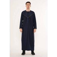 Thobez Men's Thobe Emirati Omani Jubba Muslim Kaftan Eid Robe Embroidery in Navy | Size: 52R