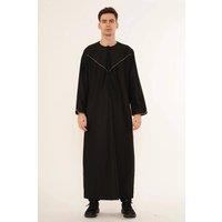 Thobez Men's Thobe Emirati Omani Jubba Muslim Kaftan Eid Robe Embroidery in Black | Size: 56R