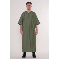 Thobez Men's Thobe Emirati Omani Jubba Muslim Kaftan Half Sleeve Chest Zipper in Olive | Size: 58R