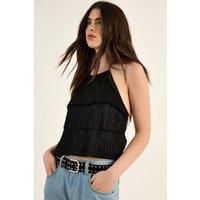 NastyGal Women's Fringe Halter Neck Top in Black | Size: 8