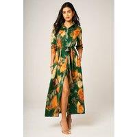 FS Collection Women's Green Abstract Print Shirt Collar Belted Midi Dress | Size: Large