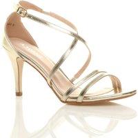 AJVANI Women's High Heel Crossed Straps Buckle Faux Leather Heeled Sandals in Metallic Gold | Size: 7