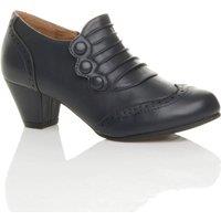 AJVANI Women's Mid Cuban Heel Brogue Button Faux Leather Ankle Boots in Navy | Size: 7