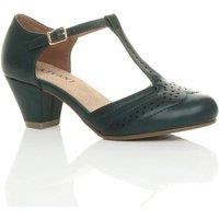 AJVANI Women's Mid Cuban Heel Comfort T-Bar Brogue Faux Leather 2 Part Heels in Dark Green | Size: 4