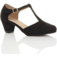 AJVANI Women's Mid Heel Comfort T-Bar Brogue Faux Suede 2 Part Heels in Black | Size: 5