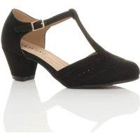 AJVANI Women's Mid Heel Comfort T-Bar Brogue Faux Suede 2 Part Heels in Black | Size: 8