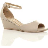 AJVANI Women's Mid Wedge Heel Ankle Strap Faux Leather Sandals in Nude | Size: 5