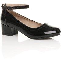 AJVANI Women's Low Block Heel Comfort Ankle Strap Patent Court Shoes in Black | Size: 8