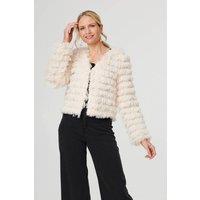 Izabel London Women's Fringed Tassel Texture Relaxed Jacket in Cream | Size: 8