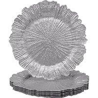 Neel Blue 33cm Set of 6 Charger Plates Vintage Design Glass Plates for Dinner Table Decoration in Metallic Silver