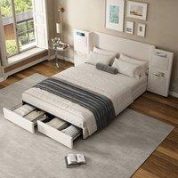 BTM Upholstered double bed 4ft6 with storage headboard & drawers in Beige