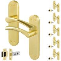 AFIT Satin Brass Twist Door Handle & Latch Set Backplate 6 Pairs in Gold | Size: 150mm x 150mm