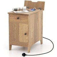 Costway Narrow Nightstand End Table Bedroom w/Charging Station in Natural