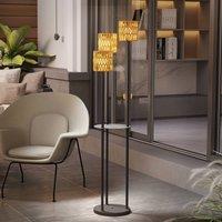 OUTSUNNY 3-Light Solar Rattan Floor Lamp with Shelf, Auto On/Off, Yellow