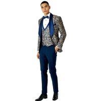 XPOSED Men's LOUIS - 3 Piece Damask Jacquard Print Tuxedo Wedding Suit in Navy | Size: 46R