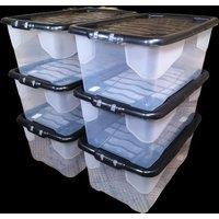Samuel Alexander 6 x 42L Clear Storage Box with Black Lid, Stackable & Nestable Design Storage Solution in White