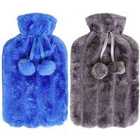 K Collection Pom Pom Hot Water Bottle & Cover Pack of 2 in Mid Blue