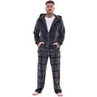 Keanu Men's Checked Microfleece Zipped Long Pyjama Set in Charcoal | Size: Small
