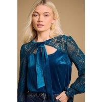 Oasis Women's Lace Sleeve Velvet Tie Neck Blouse in Teal | Size: 14