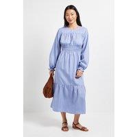 Dorothy Perkins Women's Petite Shirred Bodice Tiered Stripe Midi Dress in Blue | Size: 8