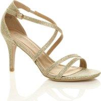 AJVANI Women's High Heel Crossed Straps Buckle Glitter Mesh Heeled Sandals in Gold | Size: 4