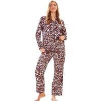 Keanu Women's Leopard Print Satin Long Pyjama Set in Brown | Size: 12-14