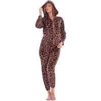 Keanu Women's Leopard Print Fleece Long Pyjama Set in Brown | Size: 8-10