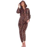 Keanu Women's Leopard Print Fleece Long Pyjama Set in Brown | Size: 8-10