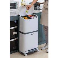 Living and Home 48L Rubbish Bin Pedal Waste Dustbin 3 Compartments Recycling Trash Can with Wheels Detachable Divider in White