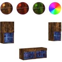Berkfield Home 4 Piece TV Wall Cabinets with LED Lights Smoked Oak in Brown