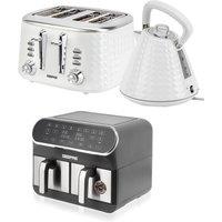 Geepas 8L Dual Basket Air Fryer, 4 Slice Toaster & 1.5L Kettle Appliances Set in White