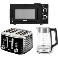 Geepas 1.7L Illuminating Glass Kettle, 4 Slice Bread Toaster & 20L Microwave Kitchen Set in Black