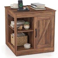 Costway Farmhouse Nightstand w/Charging Station Wooden Bedside Table End Table in Brown