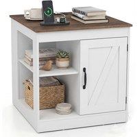 Costway Farmhouse Nightstand w/Charging Station Wooden Bedside Table End Table in White