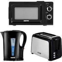 Geepas 2 Slice Bread Toaster, 1.7L Electric Kettle & 20L 700W Solo Manual Microwave Oven Kitchen Combo Set in Black