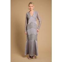 Oasis Women's Satin Lace Mix V Neck Maxi Dress in Pewter | Size: 12