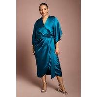 Coast Women's Plus Satin Pleat Front Midi Wrap Dress in Teal | Size: 20
