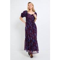 Dorothy Perkins Women's DP Luxe Chocolate Floral Ditsy Printed Organza Frill Detail Puff Sleeve Maxi Dress in Navy | Size: 16