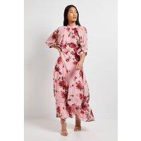 Dorothy Perkins Women's DP Luxe Petite Printed Floral Chiffon Empire Waist Tiered Frill Maxi Dress in Pink | Size: 12