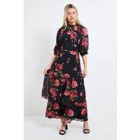 Dorothy Perkins Women's DP Luxe Printed Floral Chiffon Empire Waist Tiered Frill Maxi Dress in Black | Size: 16