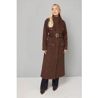 Wallis Women's Button Down Military Belted Collar Coat in Chocolate | Size: 10